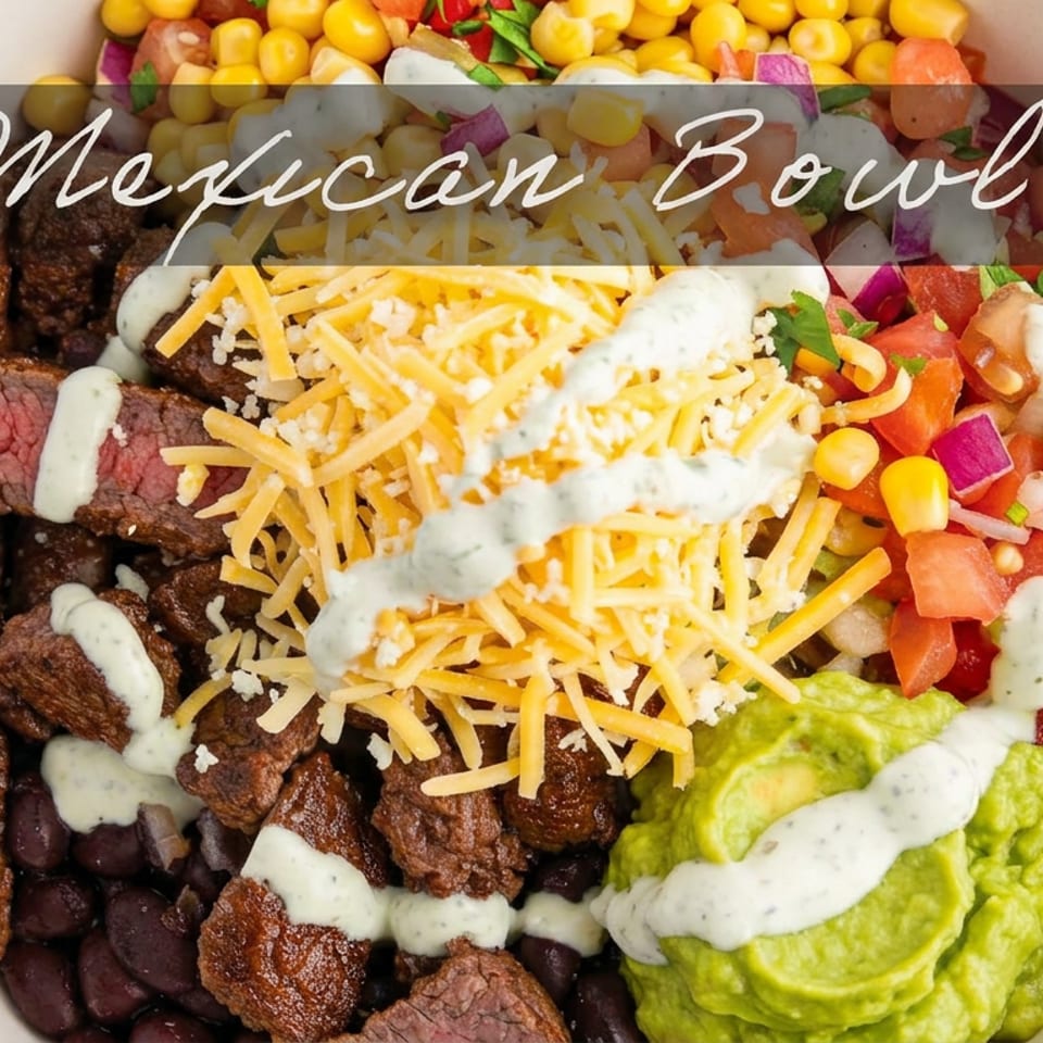 Mexican bowl topped with steak, black beans, shredded cheese, creamy sauce, guacamole, and fresh tomato-corn salsa.