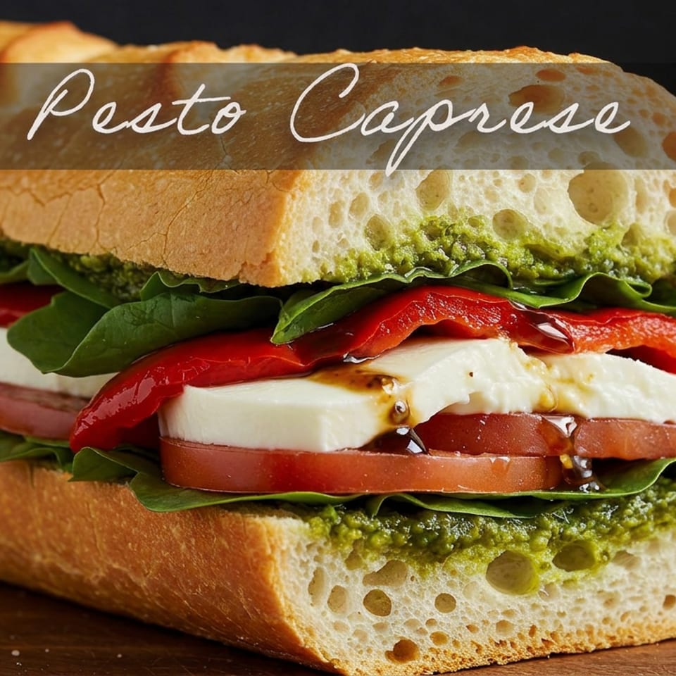 Pesto Caprese sandwich on crusty bread with mozzarella, tomatoes, roasted peppers, and greens.