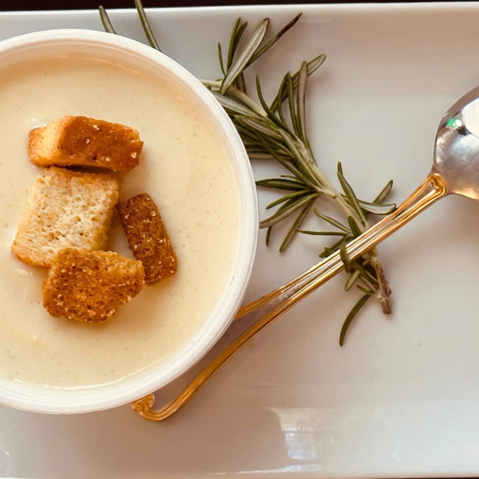 Creamy soup topped with golden croutons in a white bowl, garnished with rosemary and served with a spoon on a rectangular plate.