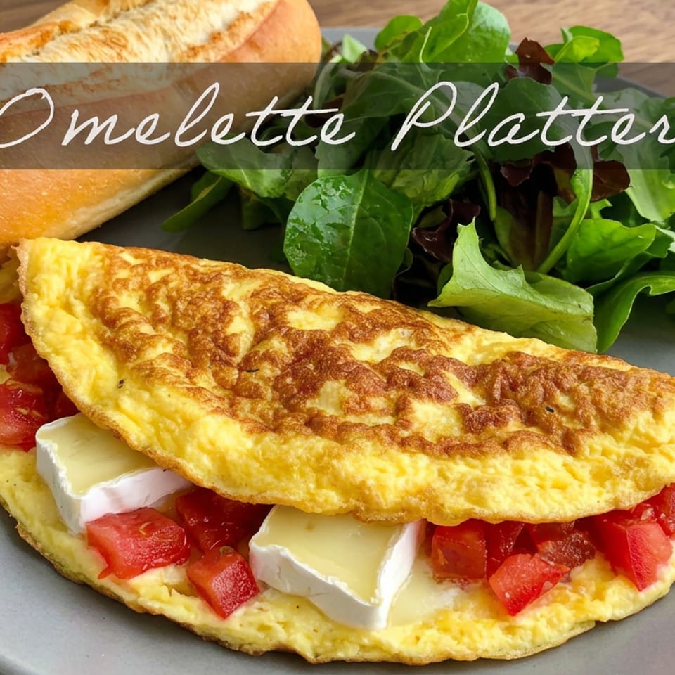 Omelette filled with diced tomatoes and feta cheese, served with mixed greens and a baguette on a gray plate.